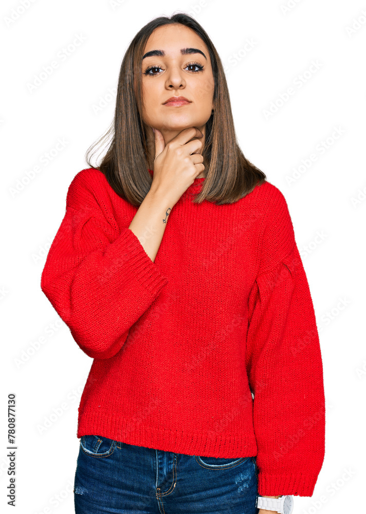 Beautiful brunette woman wearing casual winter sweater touching painful neck, sore throat for flu, clod and infection
