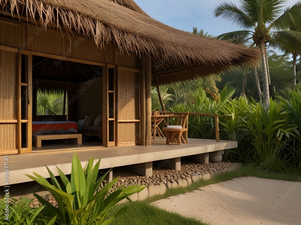 A bamboo house in a tropical setting, with an open structure, thatched roof, and sustainable materials, generative AI A bamboo house in a tropical setting, with an open structure, thatched roof, and sustainable materials, generative AI