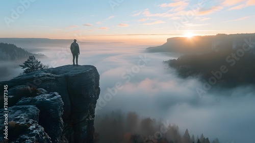 A lone figure standing at the edge of a cliff, looking out over an expansive, fog-covered valley at sunrise, symbolizing contemplation and solitude.