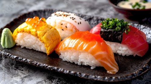 Assorted delicious sushi set on dark slate plate. Japanese food. Ideal for restaurant menu or food blog. Stylish presentation, traditional cuisine. AI