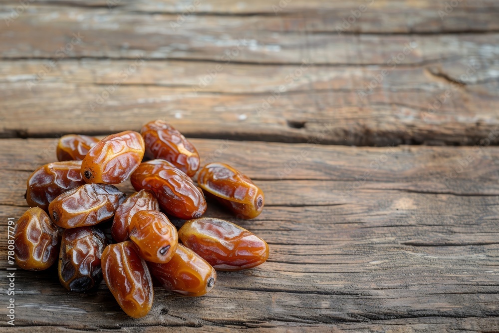Obraz premium Ripe dates on antique table empty space focused