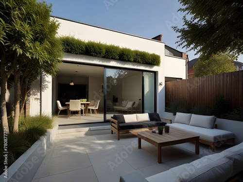 A terraced house with a rooftop garden, modern glass balustrades, and sleek outdoor furniture, generative AI