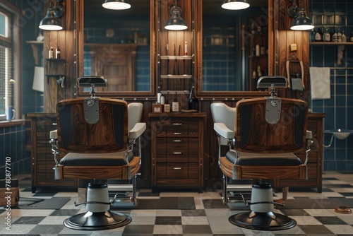 Retro barber chairs in stylish wooden barbershop © The Big L