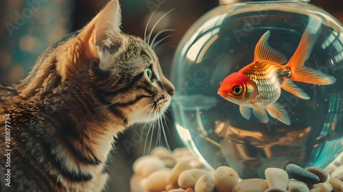 Curious cat observes a goldfish inside a small bowl. Domestic feline meets aquatic pet  representing curiosity and fascination. Intimate pet moments captured in vibrant photography. AI