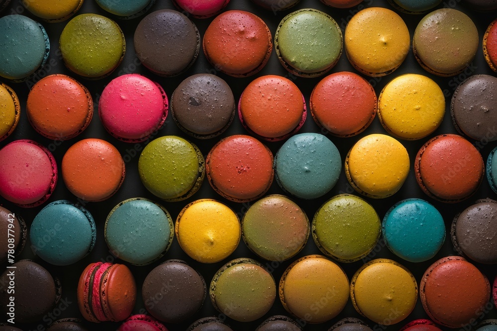 Rows of vibrant macaron cookies in full screen on a dark background assorted with vivid colors top view Bakery theme Rows of vibrant macaron cookies in full screen on a dark background assorted with vivid colors top view Bakery theme