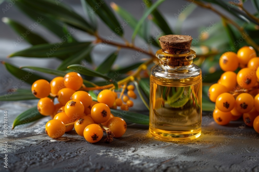 Sea buckthorn essential oil in glass bottle with ripe yellow berries on branch with leaves beauty treatment Spa concept Sea buckthorn essential oil in glass bottle with ripe yellow berries on branch with leaves beauty treatment Spa concept