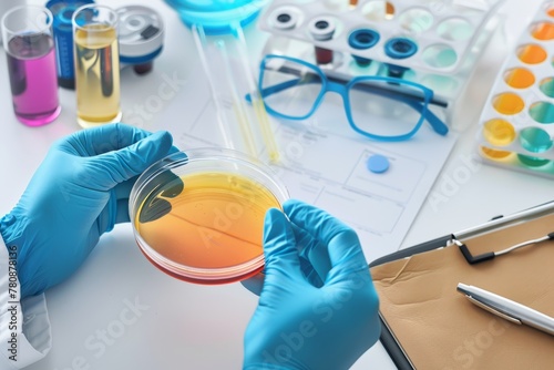 Scientist in laboratory holding Petri dish test tubes safety glasses pen on white table