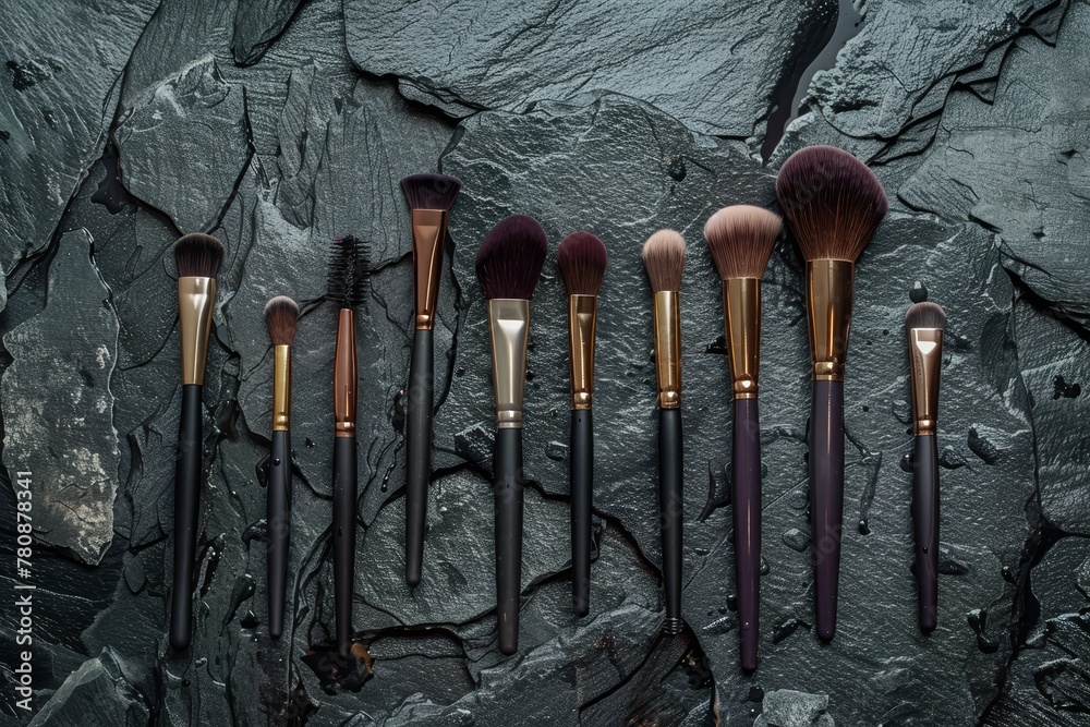 Several makeup brushes on dark stone