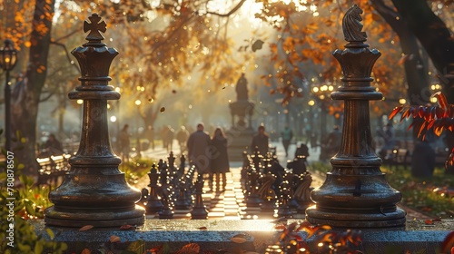 From the point of view of a chess piece we see two players in a park photo