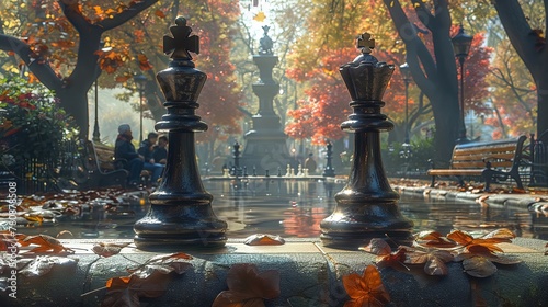 From the point of view of a chess piece we see two players in a park photo