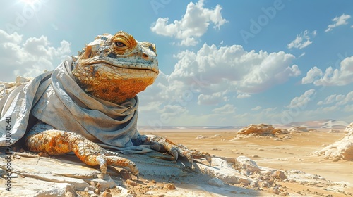 In the arid desert a lizard-person basks in the sun