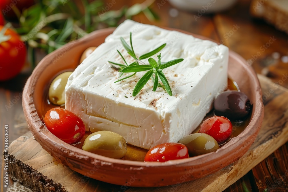 Sheep s milk feta cheese with olives and tomatoes in a clay bowl on a wooden table