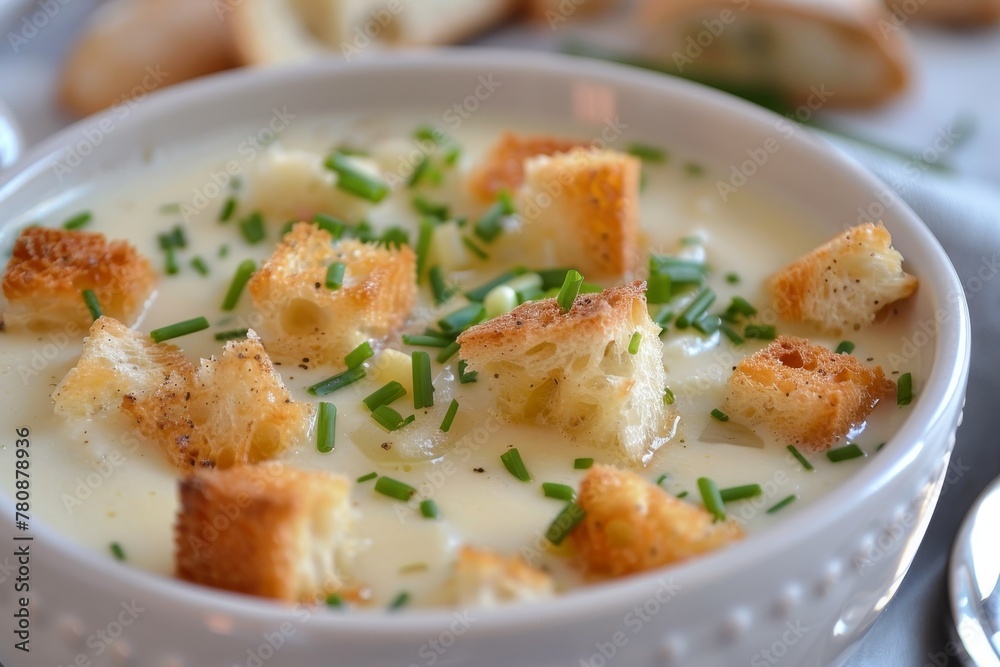 Simple garlic soup with croutons and chives Simple garlic soup with croutons and chives