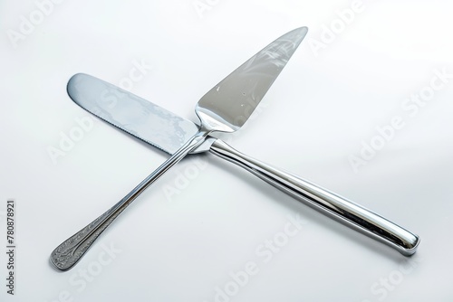 Silver spatula and knife on white background photo