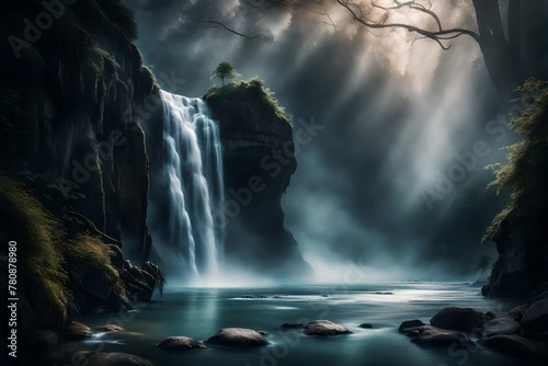 The mist rising from the waterfall  creating an ethereal atmosphere that envelops the entire scene in a dreamlike haze