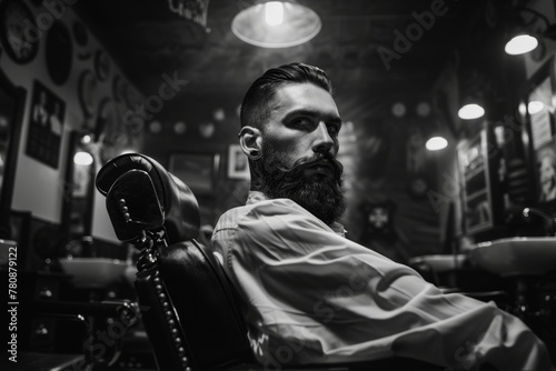 Skilled stylist in modern barber shop vintage chair black and white décor bearded client