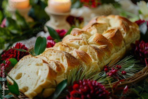 Sliced Italian bread on a bed of red and green leaves photo