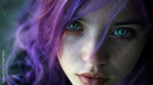 Zbliżenie na twarz dziewczynki z fioletowymi włosami