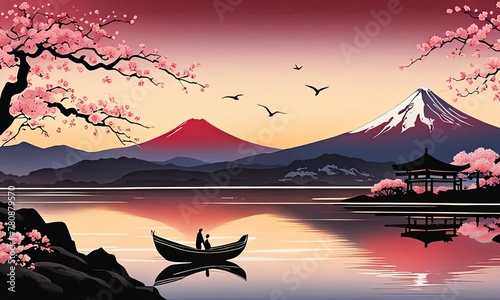 Serene  peaceful  japanese scene of lake with boat  bridge in background. Concept of tranquility  as if one were to take break from hustle.For interior  commercial spaces to create stylish atmosphere.