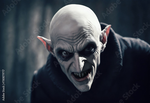 Creepy scary bald vampire portrait. Nosferatu evil count