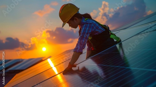 Professional engineer installing solar panels during a sunset sky