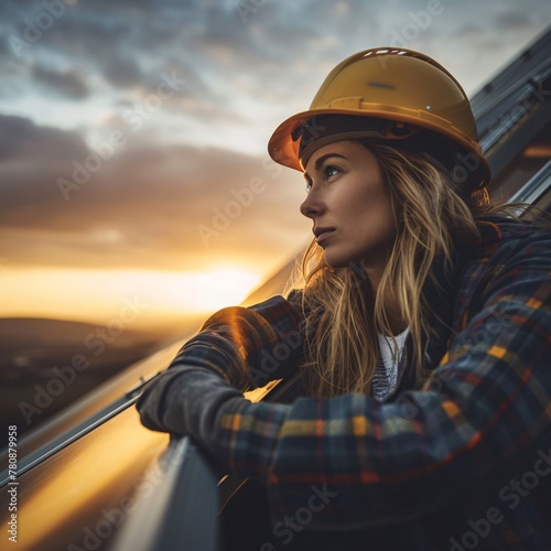 Portrait of a female engineer in a hard hat working with solar panels.