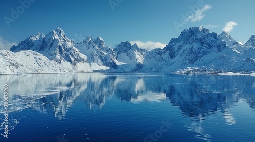   A snowy mountain range reflects in the calm water of a lake © Liel