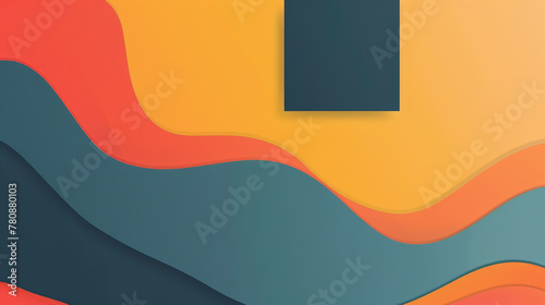 Blue square on wavy colourful background made out of yellow, orange and blue.