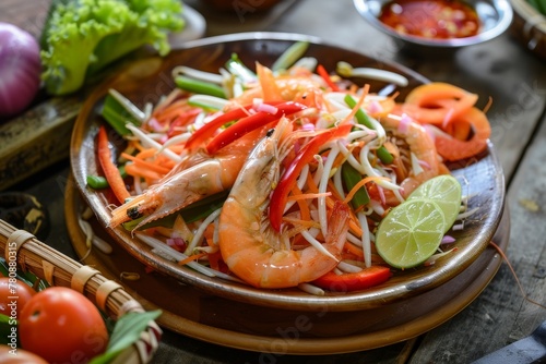 Spicy salty Thai papaya salad with tomatoes peppers shrimp clams and vegetables