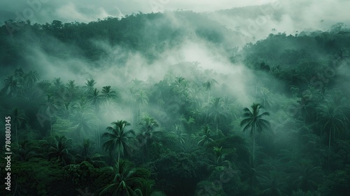 A panoramic view of a forest scene in the morning shrouded in mist, seen from above. Natural forest background, the lungs of the world. #780880345