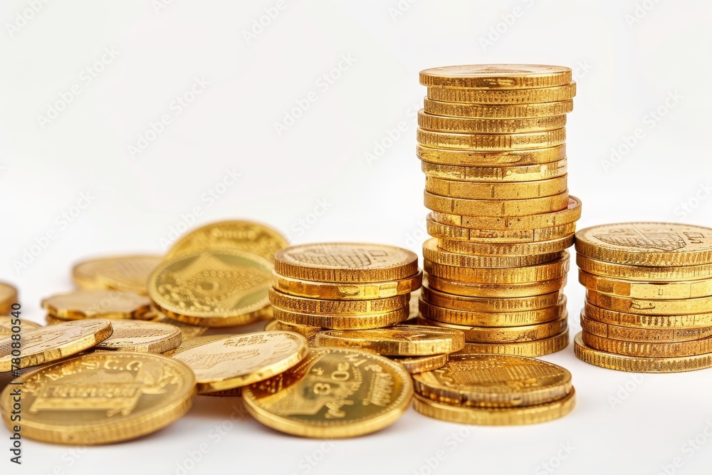 Stacked gold coins and a 1kg gold bar on a white background Stacked gold coins and a 1kg gold bar on a white background