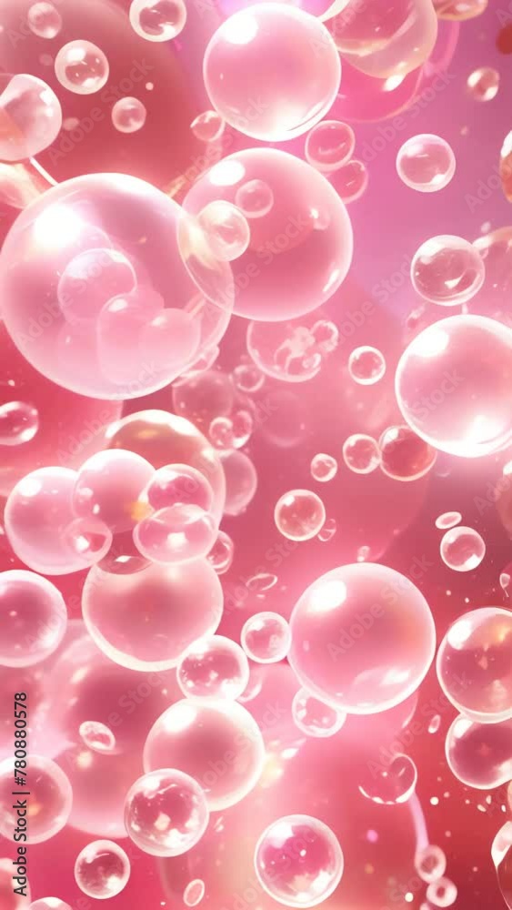 Abstract pink background with transparent bubbles and sparkling light effects, vertical video