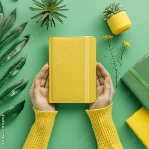 Close-up of elegant woman's hands delicately holding a stylish notebook against a vibrant, colorful background. Perfect for lifestyle, fashion, and creative concepts. (ID: 780880705)