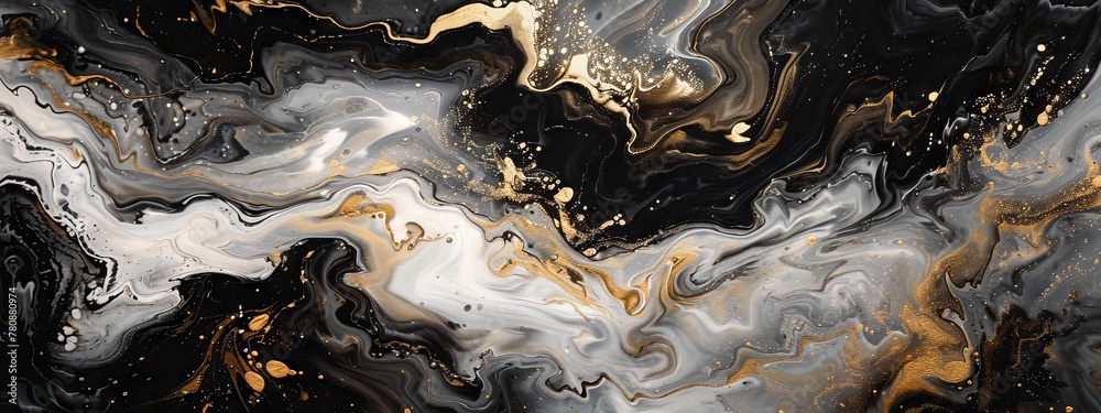 Black and gold flowing liquid in the style of marble texture on a white background, detailed and elegant. gold lines and iridescence, reminiscent of intricate black and white with flowing lines