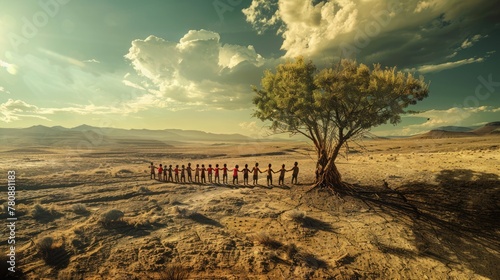 World Day to Combat Desertification and Drought, June 17. Kids hold hands, encircle small tree, unity in arid milieu photo
