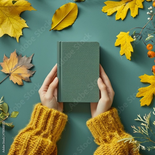 Close-up of an elegant woman's hands delicately holding a stylish notebook against a vibrant, colorful background. Perfect for lifestyle, fashion, and creative concepts. (ID: 780881321)