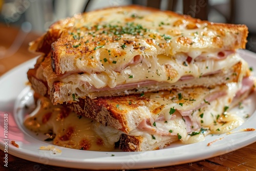 2 croque monsieur sandwiches stacked on a plate