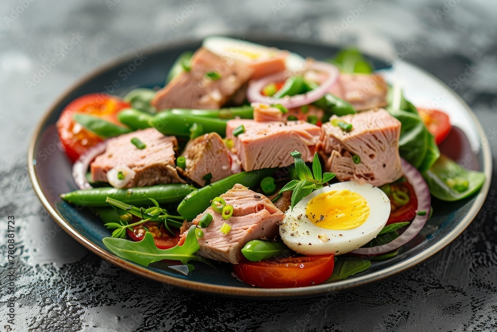 A healthy tuna salad with tuna green beans egg salad tomato and onion slices A healthy tuna salad with tuna green beans egg salad tomato and onion slices