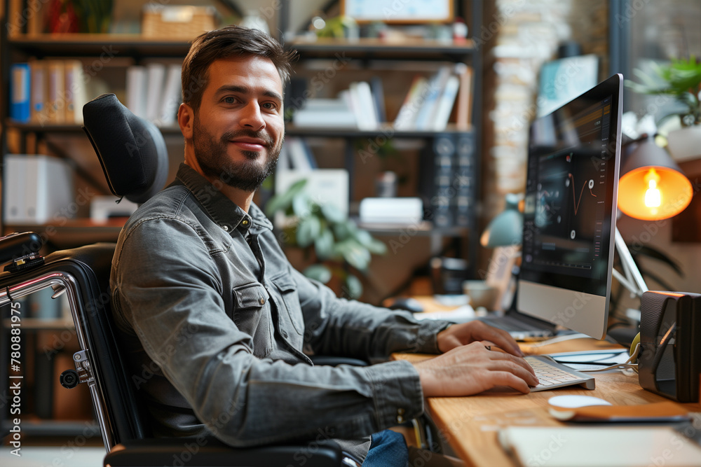 Smiling Young Man Working at His Desk in a Modern Office Smiling Young Man Working at His Desk in a Modern Office