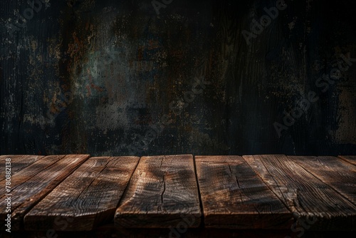 Advertising concept with dark room background and wooden table