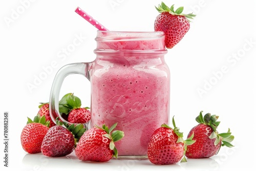 An isolated white background shows a jar of pink strawberry smoothies made with fresh strawberries and organic milk with some additional strawberries nearby