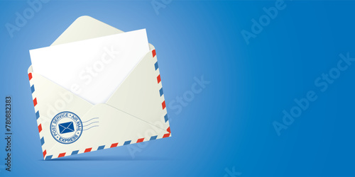 A white postal envelope with blank paper inside, outlined with red and blue lines, stands on a blue background with copy space. Mail envelope vector mockup.