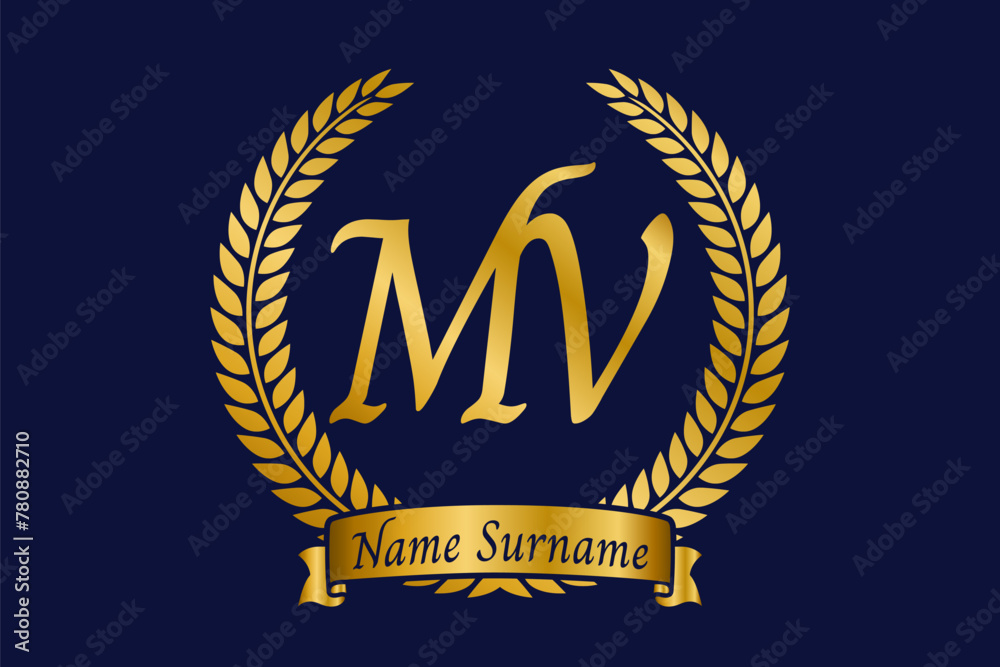 Initial letter M and V, MV monogram logo design with laurel wreath ...
