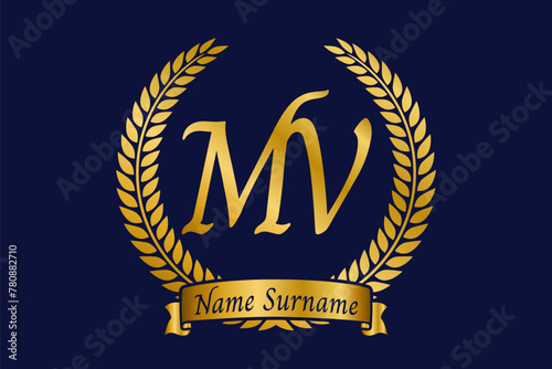 Initial letter M and V, MV monogram logo design with laurel wreath. Luxury golden calligraphy font.