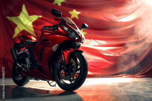 Red Motorcycle Parked in Front of Chinese Flag