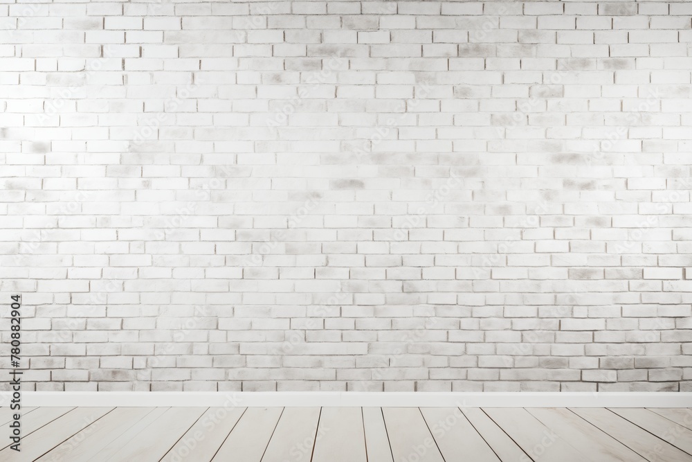brick wall white color and wooden plank floor for background or texture