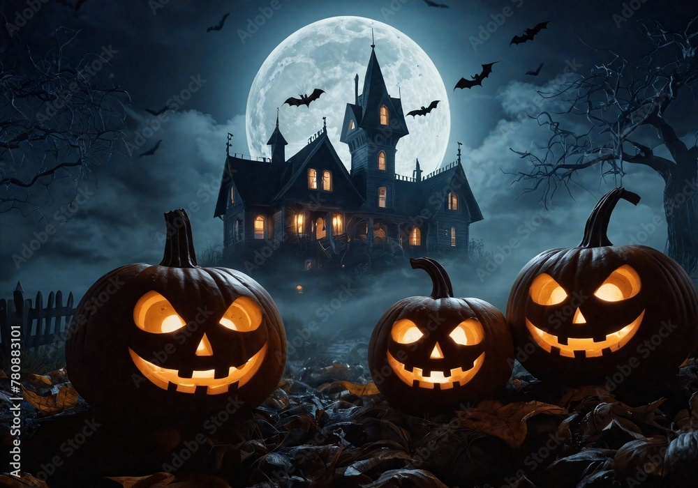 Halloween scene, haunted house on a hill with pumpkins and bats in the light of the full moon