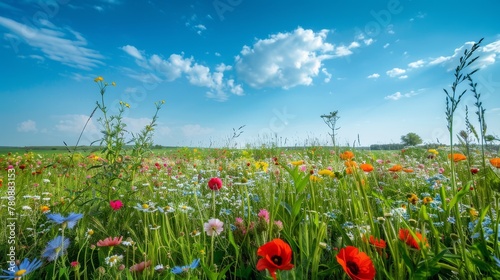  A field brimming with vibrant flowers beneath a clear blue sky In the distance, a cloud-dotted sky