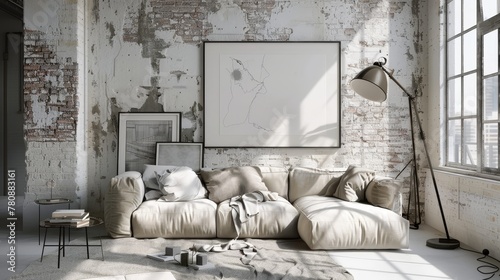   A white couch situated in a living room, adjacent to a wall decorated with a picture and topped by a table-lamp photo
