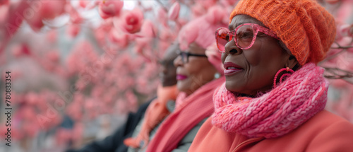 A joyful senior African American woman wearing pink glasses and a knit cap smiles serenely amidst blooming cherry blossoms.Proud of African heritage